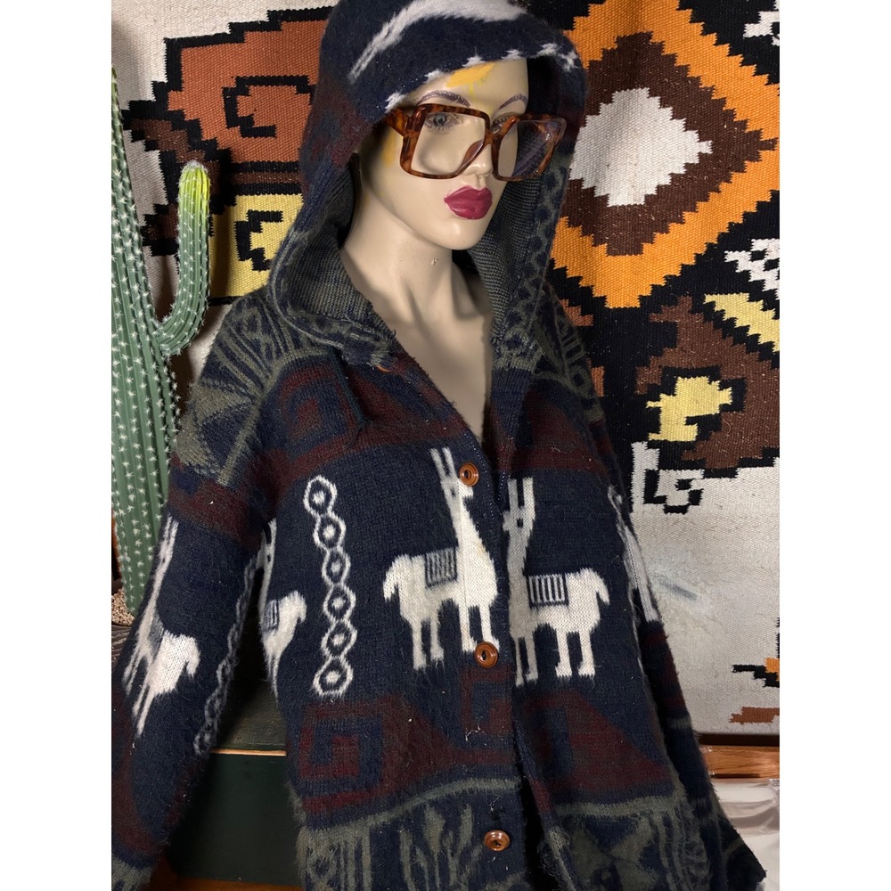 Tejidos Ruminahui Llama Knit Hooded Cardigan Unisex Large Navy Blue Good Vintage